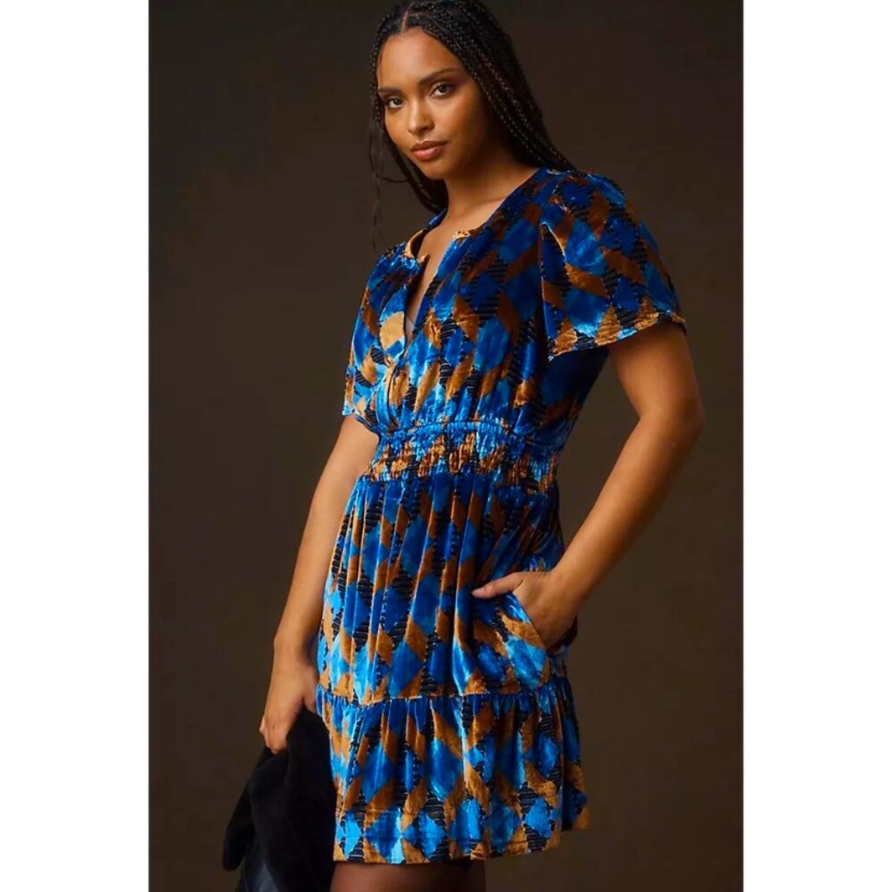 Anthropologie The Somerset Velvet Mini Dress in Blue Motif Sz M